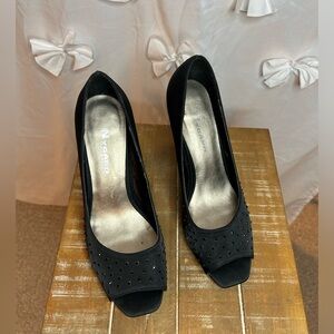 Nygard Collection Reanna Black Open Toe Shoe With Black Gem Stones